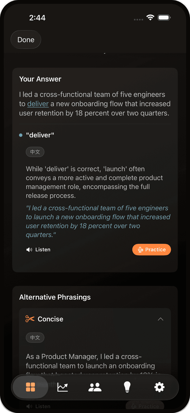 Interview Expert app showing line-by-line bilingual coaching on a recorded answer